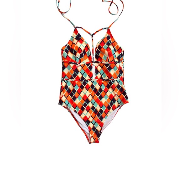 CUPSHE ~ Women’s Colorful Orange and Teal and Brown 1-Piece Swimwear size L - Picture 6 of 8